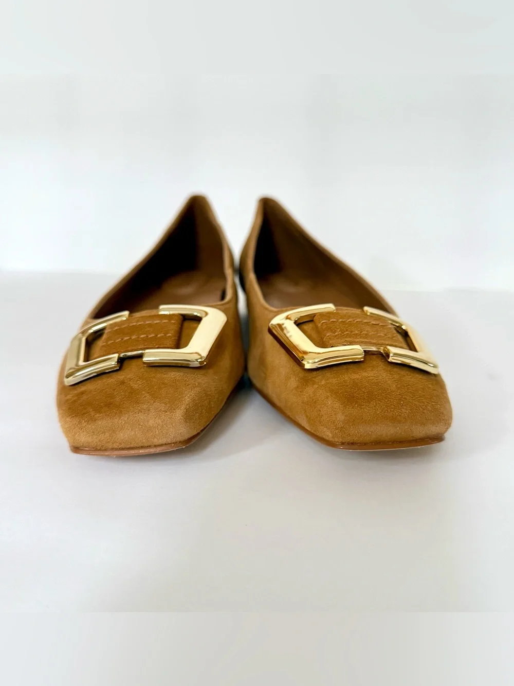 Talbots Sutton Camel Suede Flats with Gold Buckle
